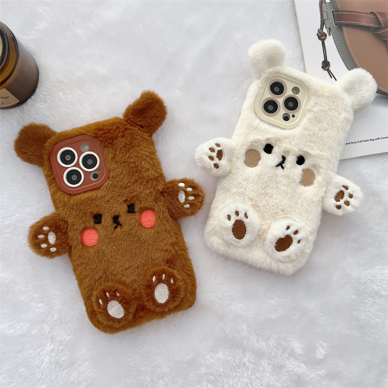 Phone Cases Durable - Korean 3D Cartoon Bear Fluffy Plush